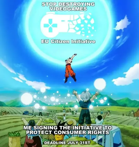 Everyone Powering Up Orb of Solidarity in Supporting Stop Killing Games Initiative Scene from Dragon Ball